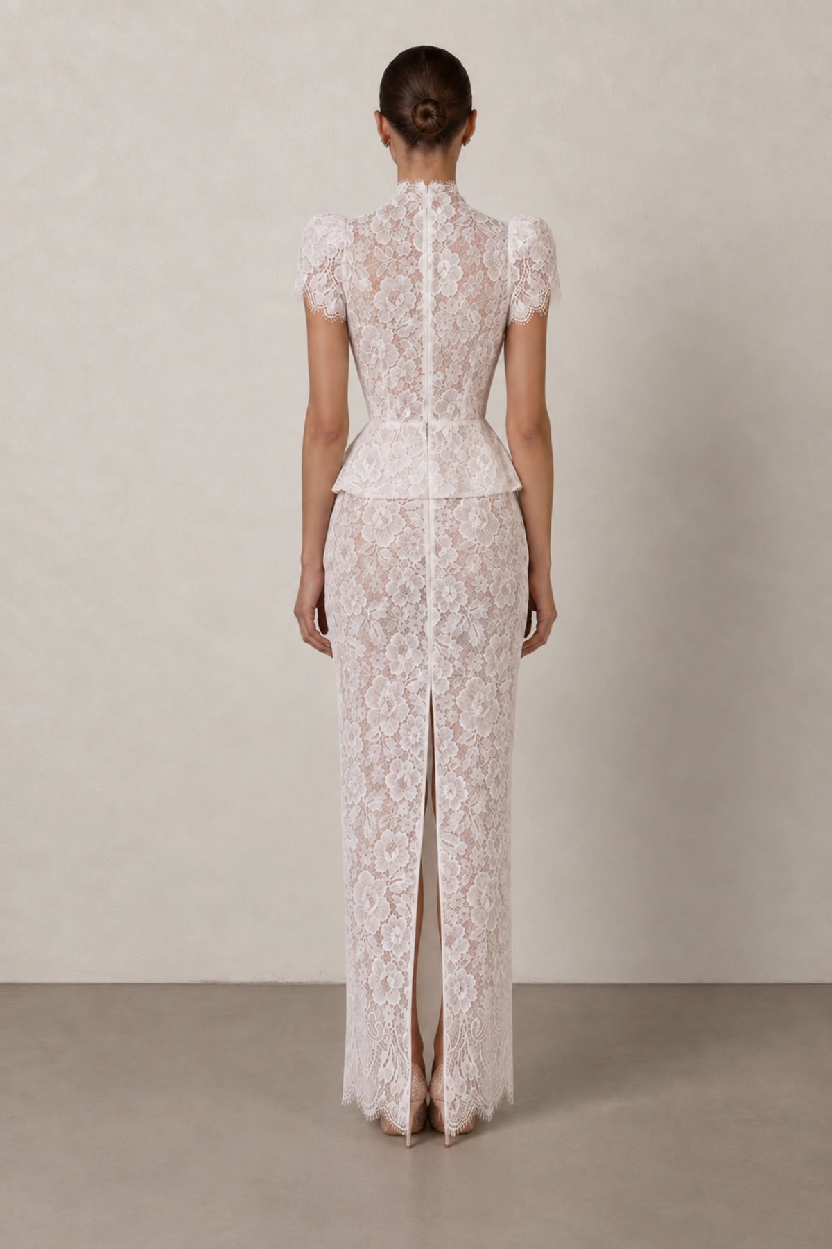 Isabelle Floral Lace Peplum Gown — Pearl White