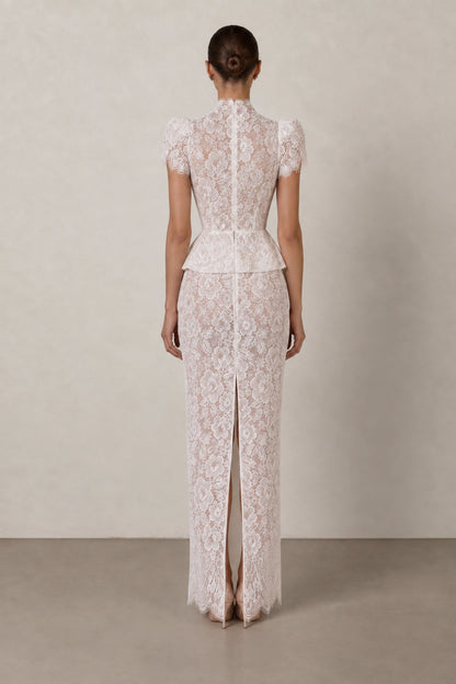 Isabelle Floral Lace Peplum Gown — Pearl White