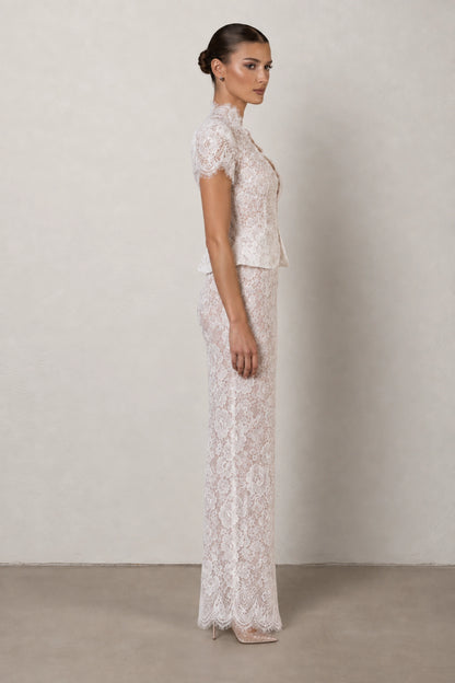 Isabelle Floral Lace Peplum Gown — Pearl White