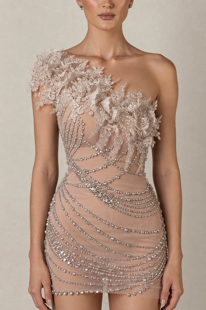 Amélie Crystal Floral Draped Mini Dress — Champagne Nude