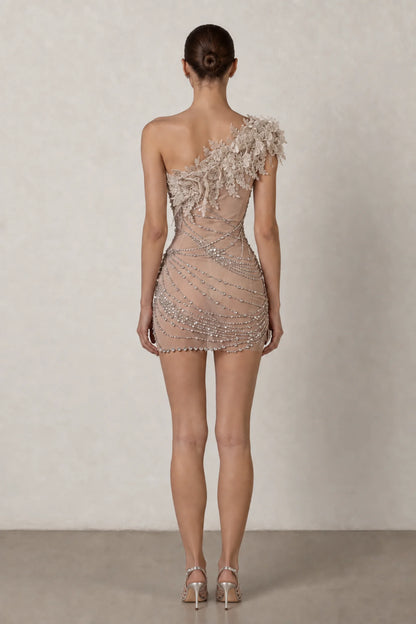 Amélie Crystal Floral Draped Mini Dress — Champagne Nude