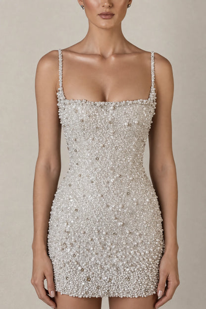 Vivienne Pearl Crystal Mini Dress — Pearl White