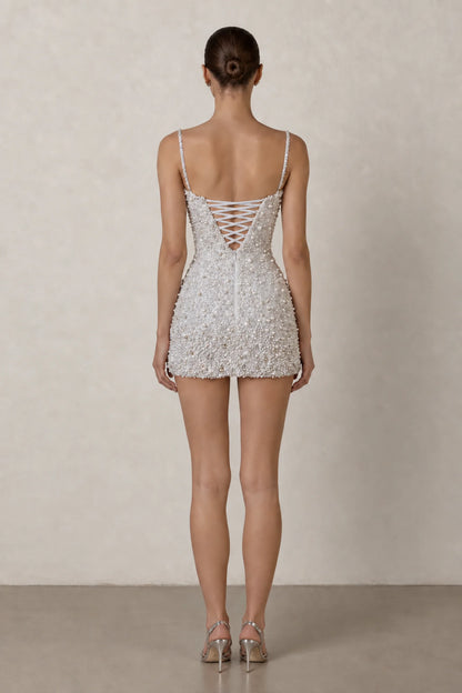 Vivienne Pearl Crystal Mini Dress — Pearl White