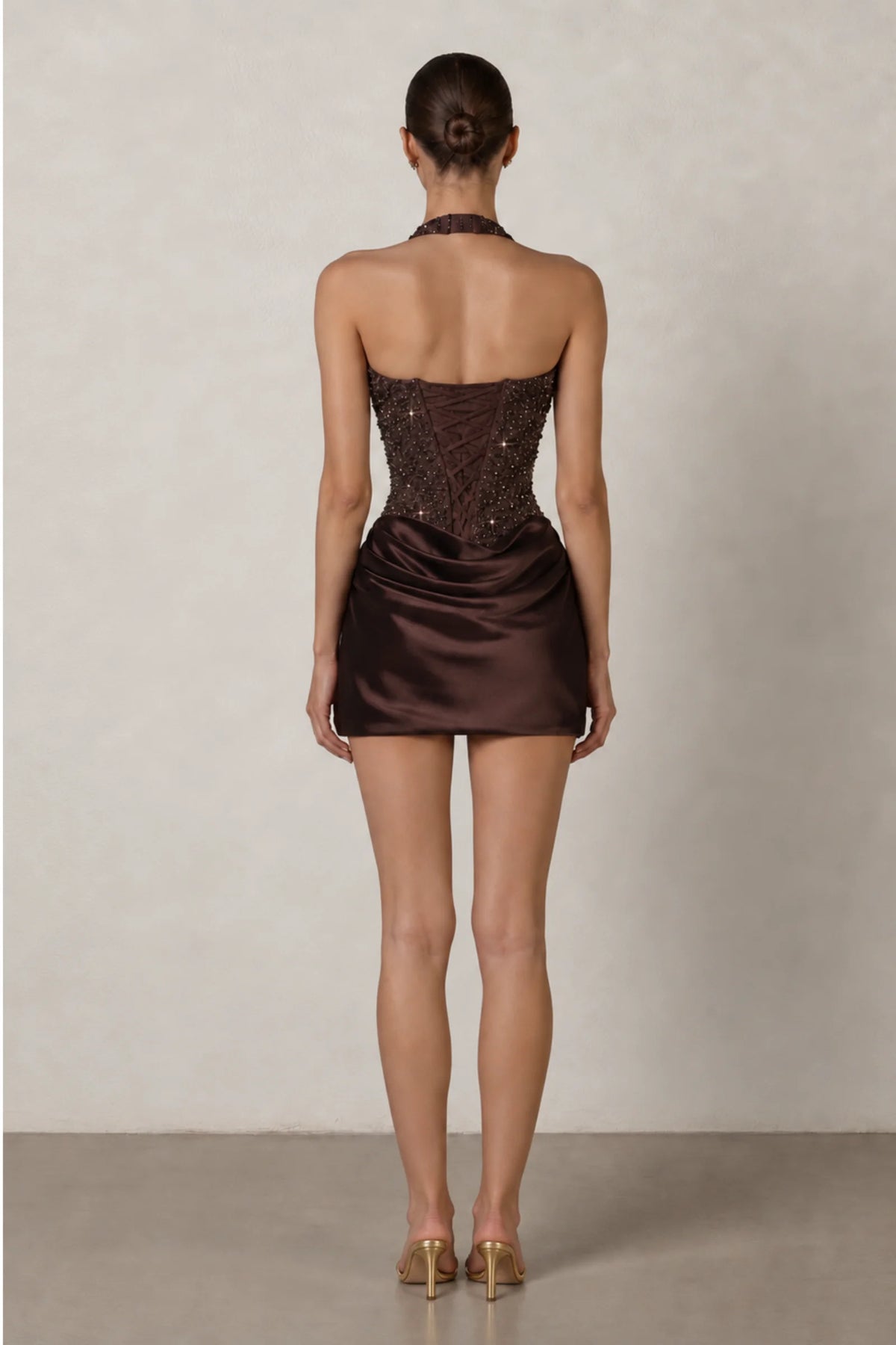 Ophelia Crystal Halter Corset Mini Dress — Chocolate Brown
