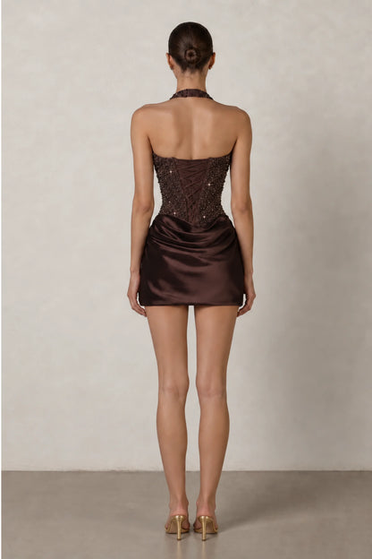 Ophelia Crystal Halter Corset Mini Dress — Chocolate Brown