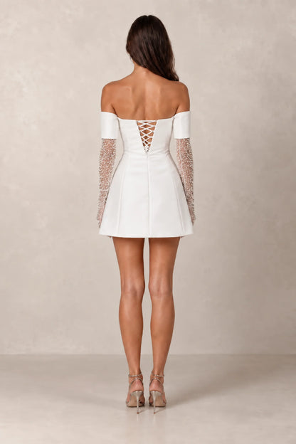 Solène Crystal Glove Off-Shoulder Mini Dress — Pearl White