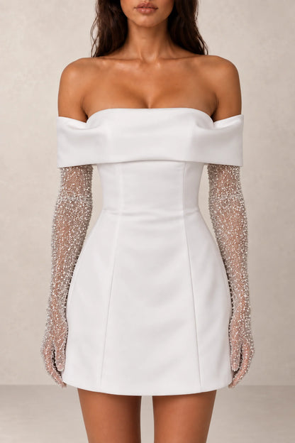 Solène Crystal Glove Off-Shoulder Mini Dress — Pearl White
