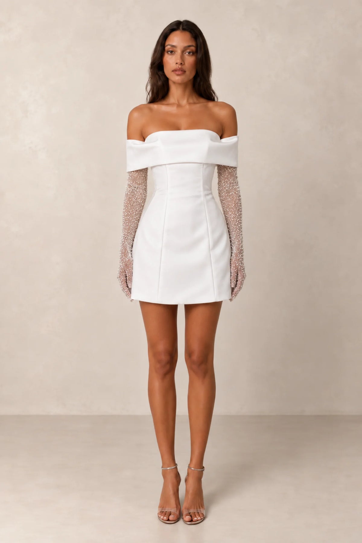 Solène Crystal Glove Off-Shoulder Mini Dress — Pearl White