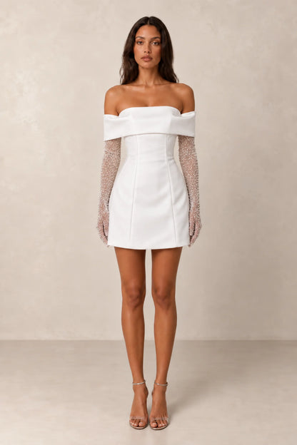 Solène Crystal Glove Off-Shoulder Mini Dress — Pearl White
