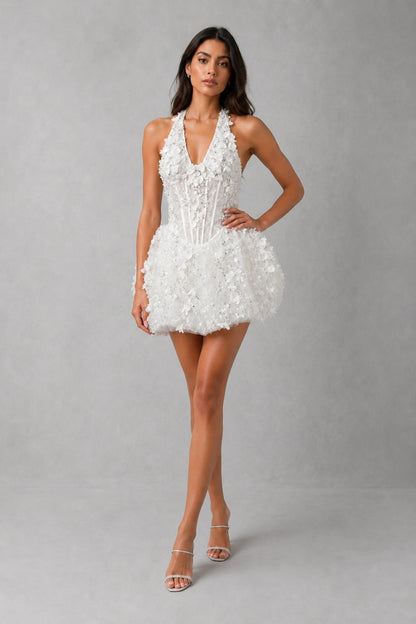 Celestia Pearl Bloom Mini Dress — Pearl White