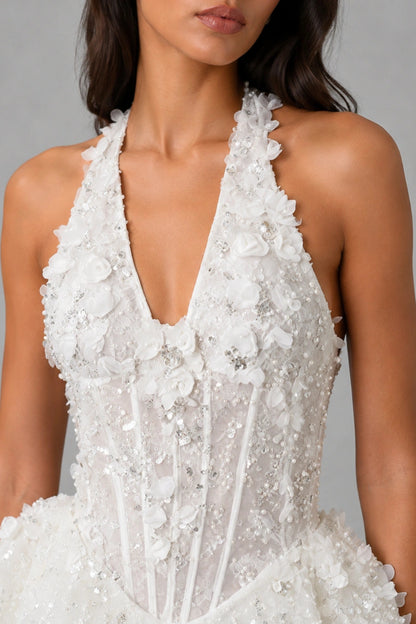 Celestia Pearl Bloom Mini Dress — Pearl White