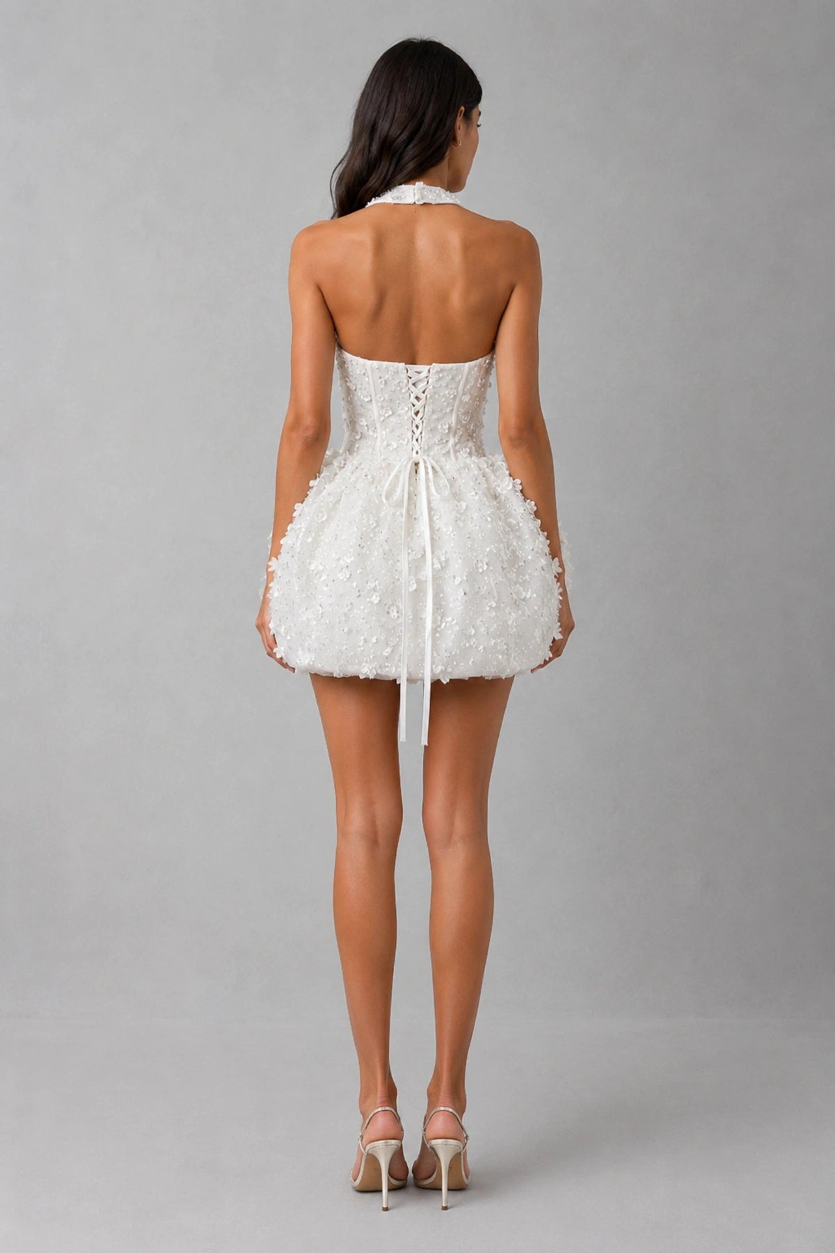 Celestia Pearl Bloom Mini Dress — Pearl White