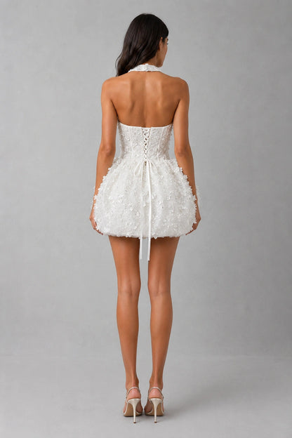 Celestia Pearl Bloom Mini Dress — Pearl White