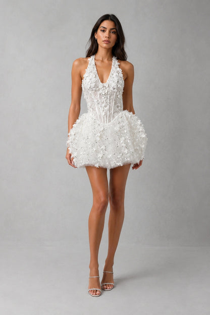 Celestia Pearl Bloom Mini Dress — Pearl White