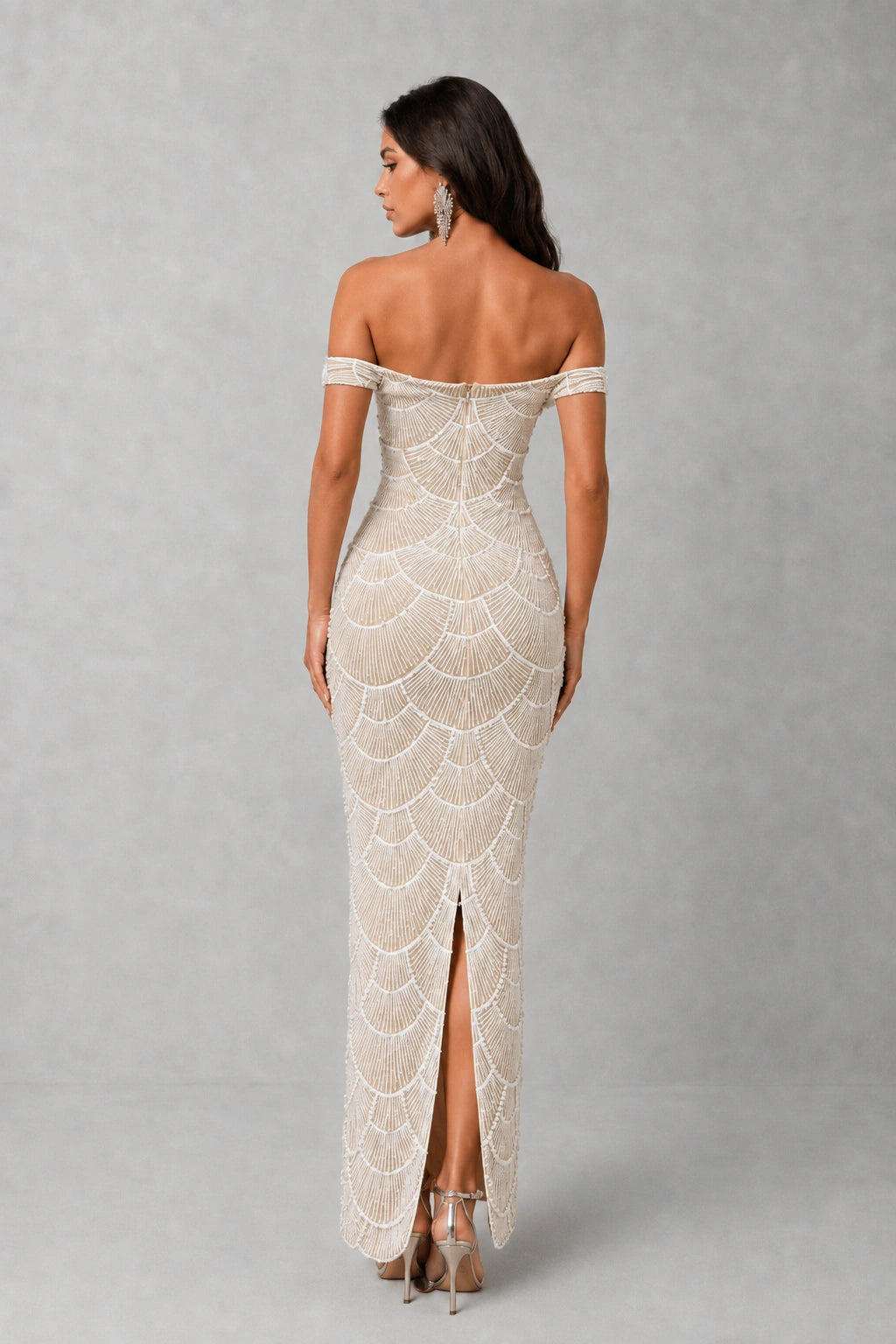 Fleur Pearl Beaded Off-Shoulder Gown — Champagne Nude