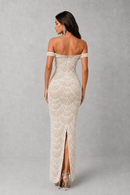 Fleur Pearl Beaded Off-Shoulder Gown — Champagne Nude