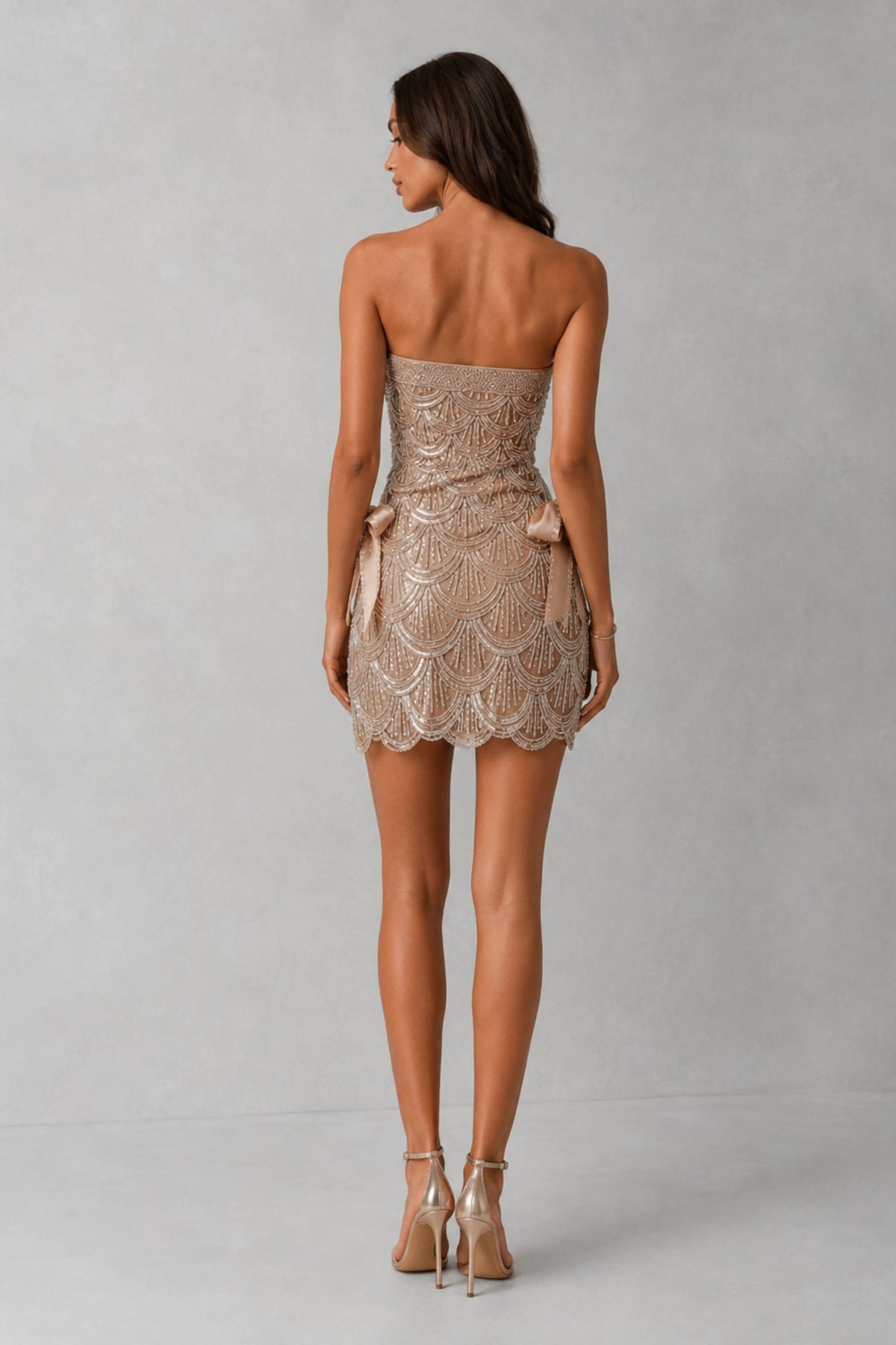 Delphine Crystal Scallop Bow Mini Dress — Champagne Nude
