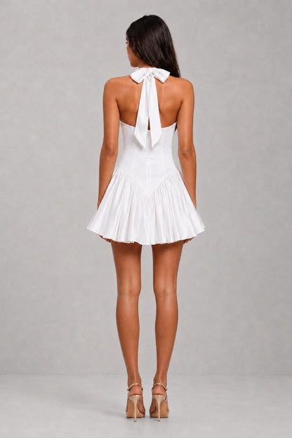 Lucienne Crystal Pearl Halter Mini Dress — Pearl White
