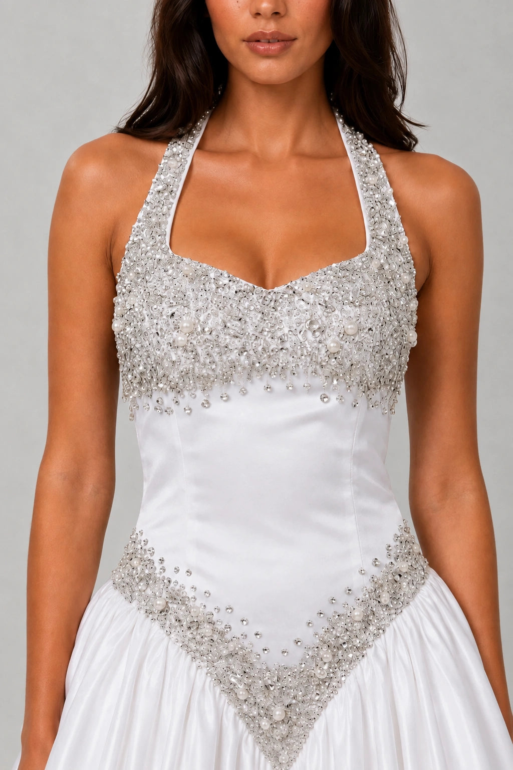 Lucienne Crystal Pearl Halter Mini Dress — Pearl White