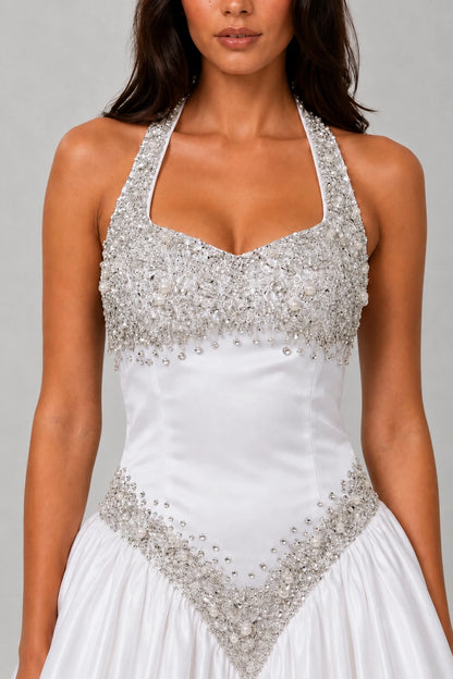Lucienne Crystal Pearl Halter Mini Dress — Pearl White