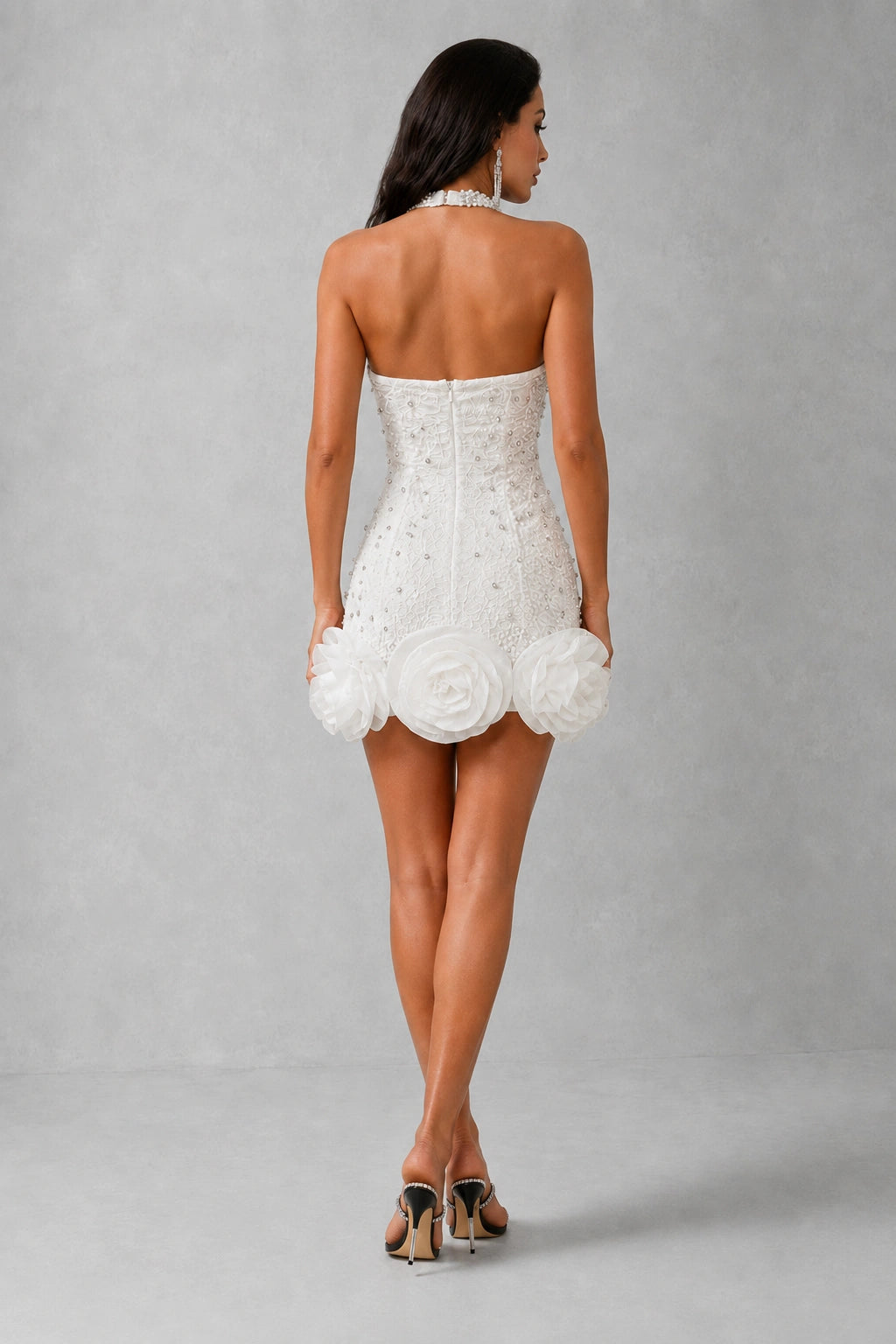 Amélie Pearl Bloom Halter Mini Dress — Starlight White