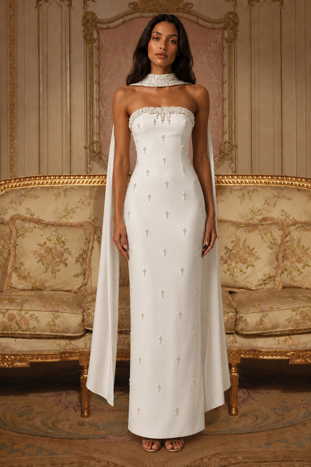 Celestia Pearl Scarf Gown — Ivory White