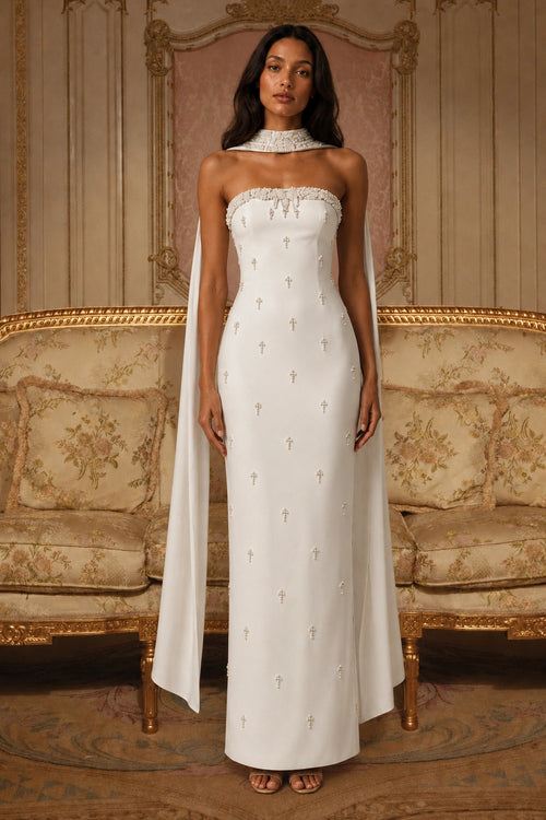 Celestia Pearl Scarf Gown — Ivory White