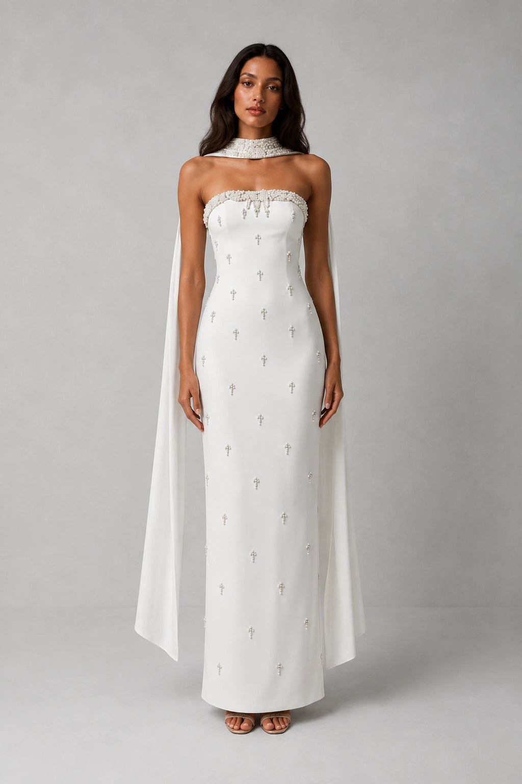 Celestia Pearl Scarf Gown — Ivory White