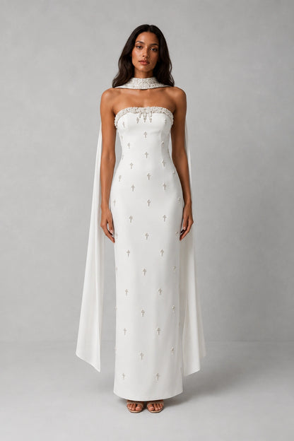 Celestia Pearl Scarf Gown — Ivory White
