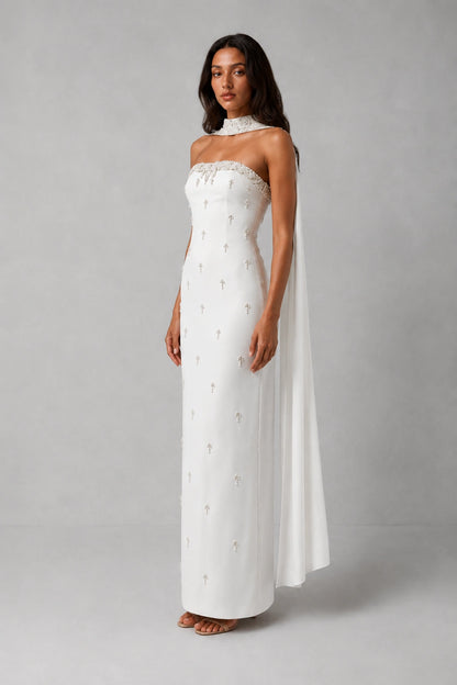 Celestia Pearl Scarf Gown — Ivory White