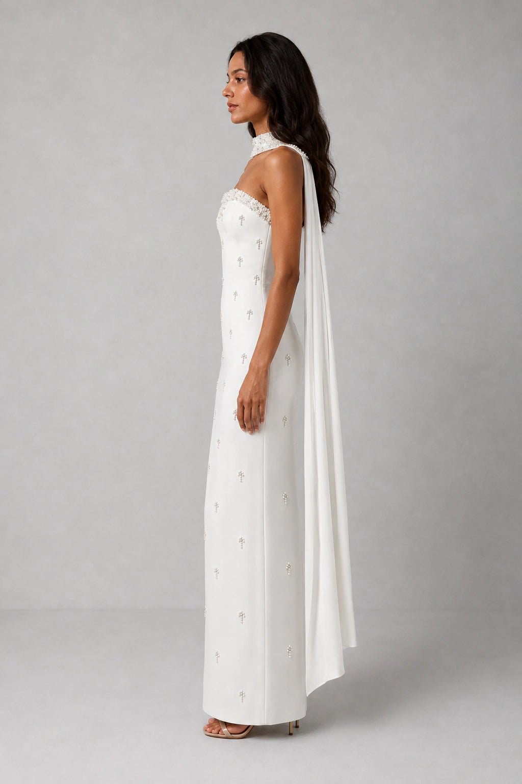 Celestia Pearl Scarf Gown — Ivory White
