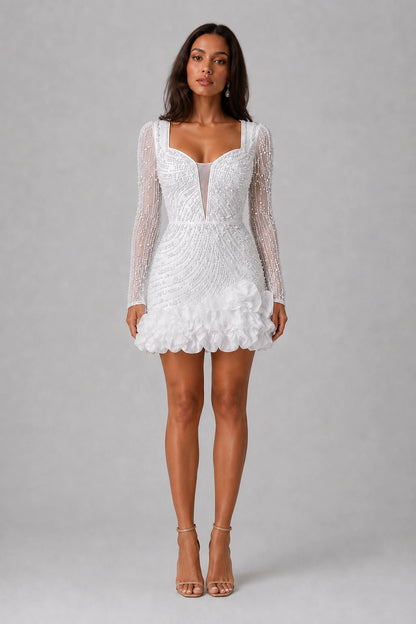 Éveline Pearl Beaded Ruffle Mini Dress — Pearl White