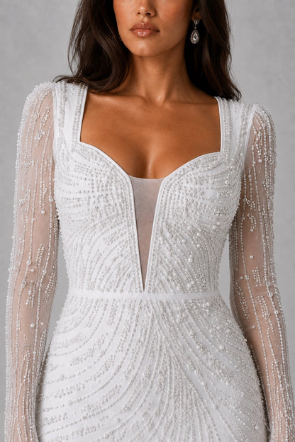 Éveline Pearl Beaded Ruffle Mini Dress — Pearl White