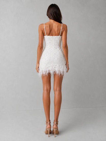 Mirelle Pearl Embellished Feather Mini Dress — Pearl White