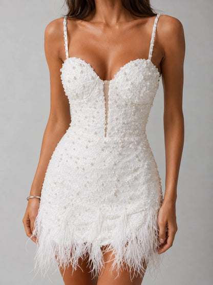 Mirelle Pearl Embellished Feather Mini Dress — Pearl White