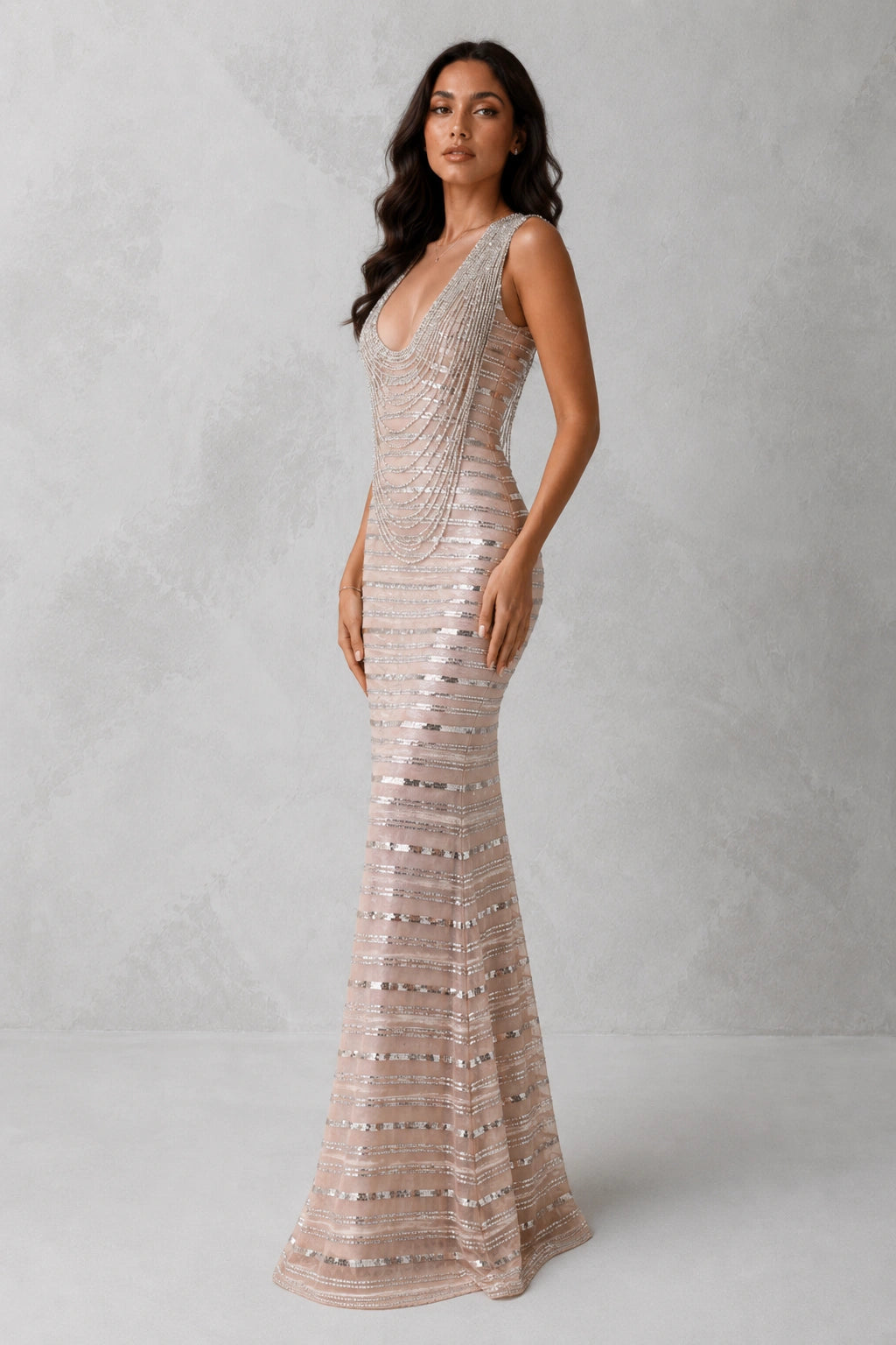 Seraphina Draped Beaded Gown — Champagne Silver