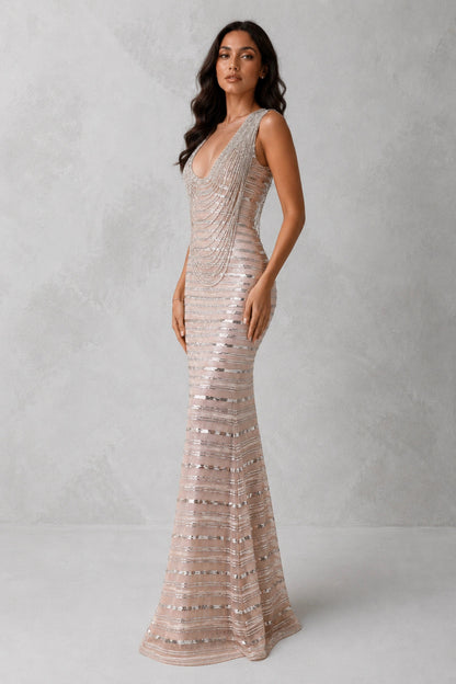 Seraphina Draped Beaded Gown — Champagne Silver