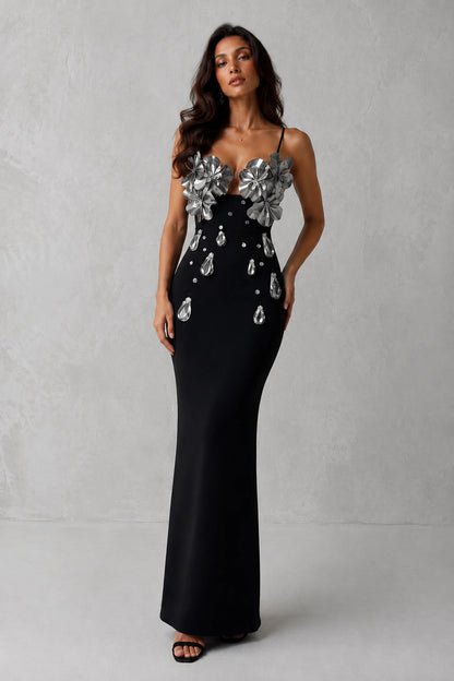 Celestine Crystal Bloom Gown — Midnight Black