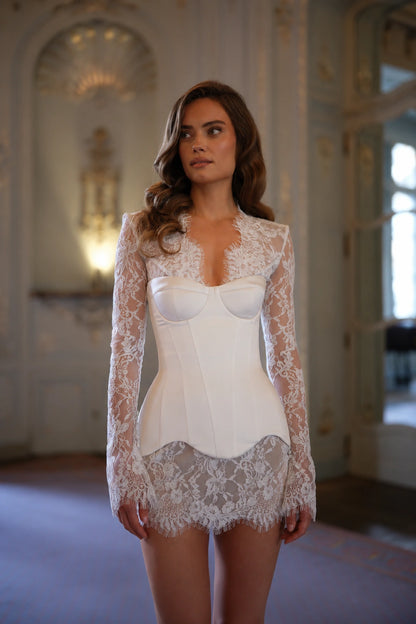 Delphine Lace Corset Mini Dress - Ivory Pearl
