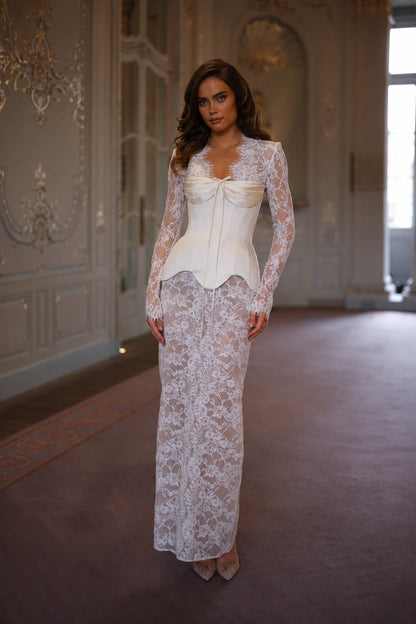 Evangeline Draped Lace Corset Gown - Ivory Pearl