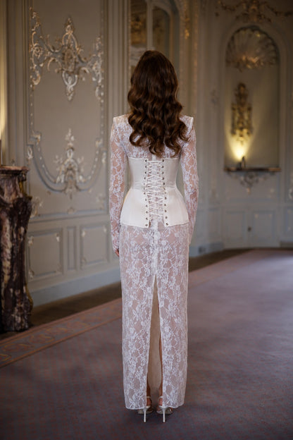 Evangeline Draped Lace Corset Gown - Ivory Pearl