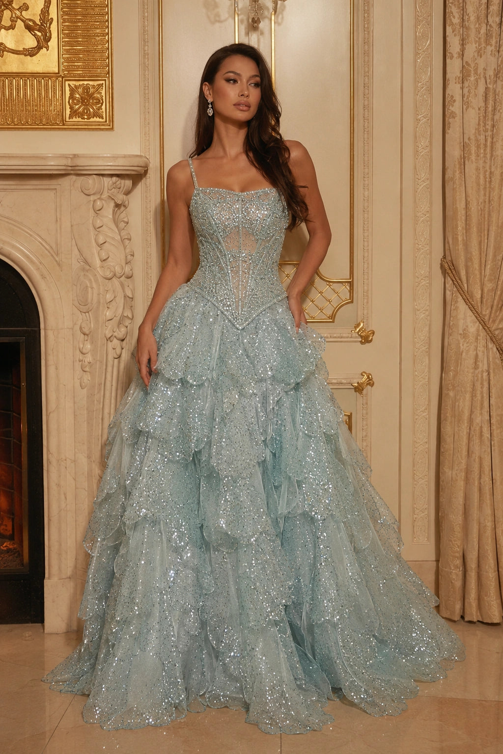 Lisette Crystal Tiered Ball Gown - Icy Blue