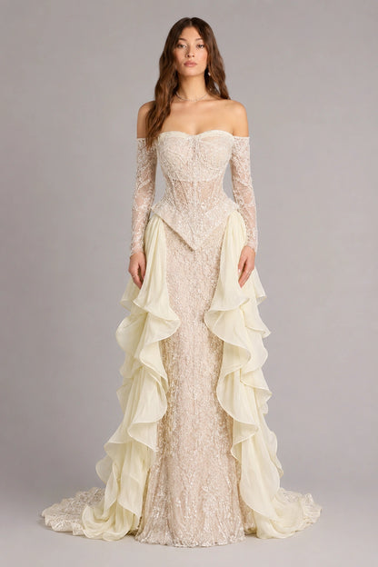 Camille Lace Corset Ruffle Gown - Champagne Ivory