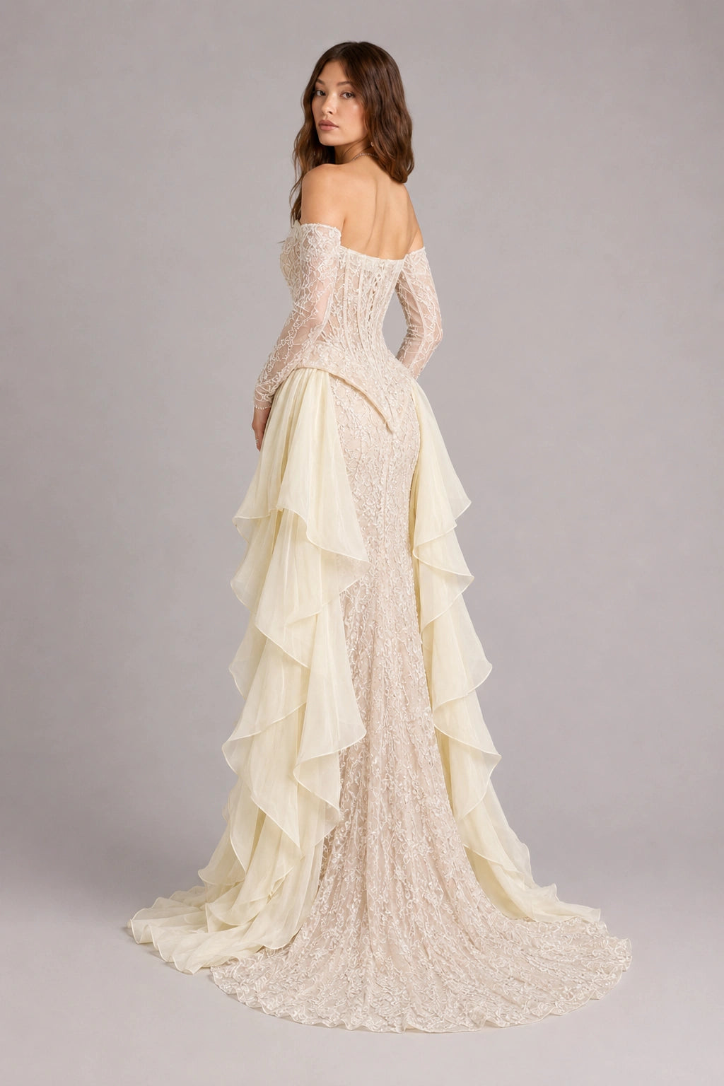Camille Lace Corset Ruffle Gown - Champagne Ivory