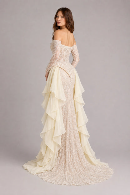 Camille Lace Corset Ruffle Gown - Champagne Ivory