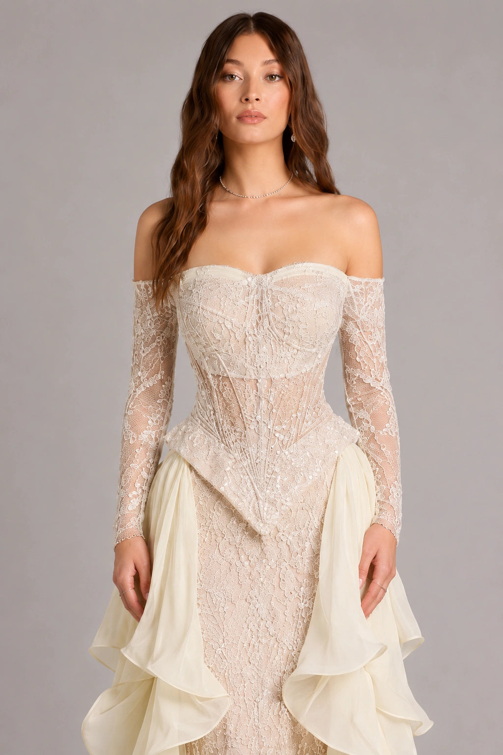 Camille Lace Corset Ruffle Gown - Champagne Ivory