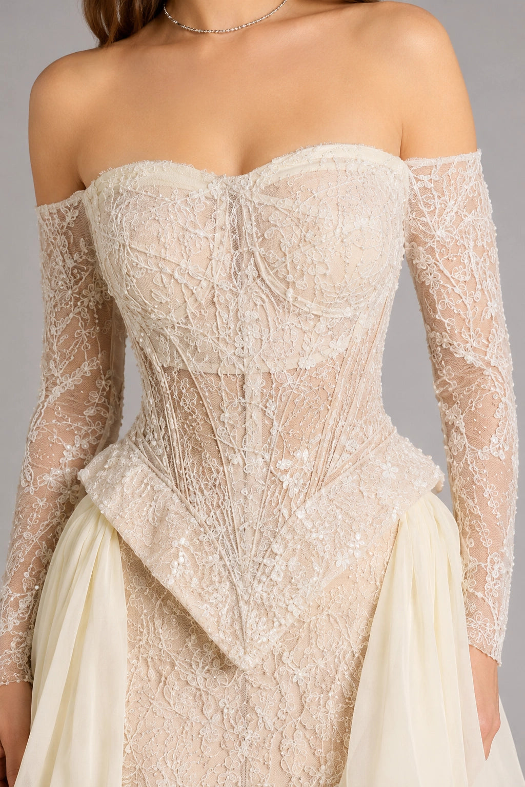 Camille Lace Corset Ruffle Gown - Champagne Ivory