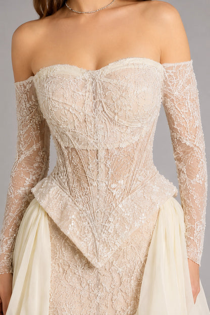 Camille Lace Corset Ruffle Gown - Champagne Ivory