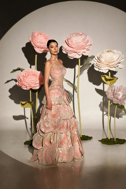 Fleurine Crystal Petal Ball Gown - Blush Rose