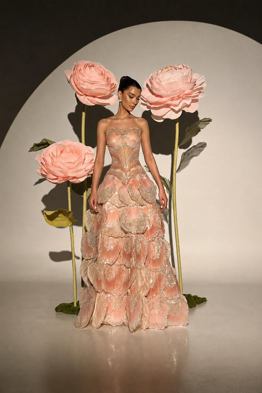 Fleurine Crystal Petal Ball Gown - Blush Rose